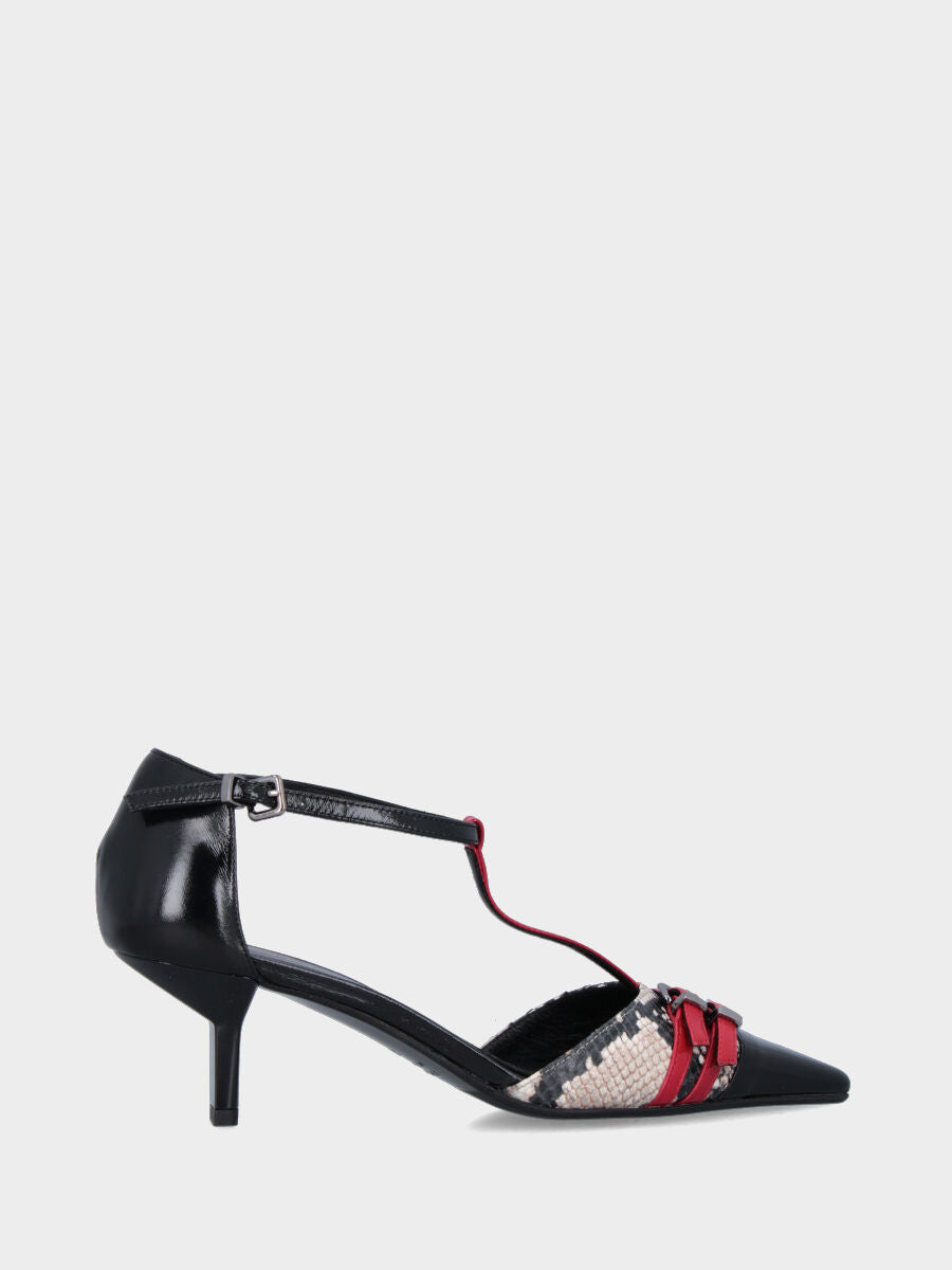 Décolleté T-bar in verlux nero e pitonato con cinturini e tacco a calice