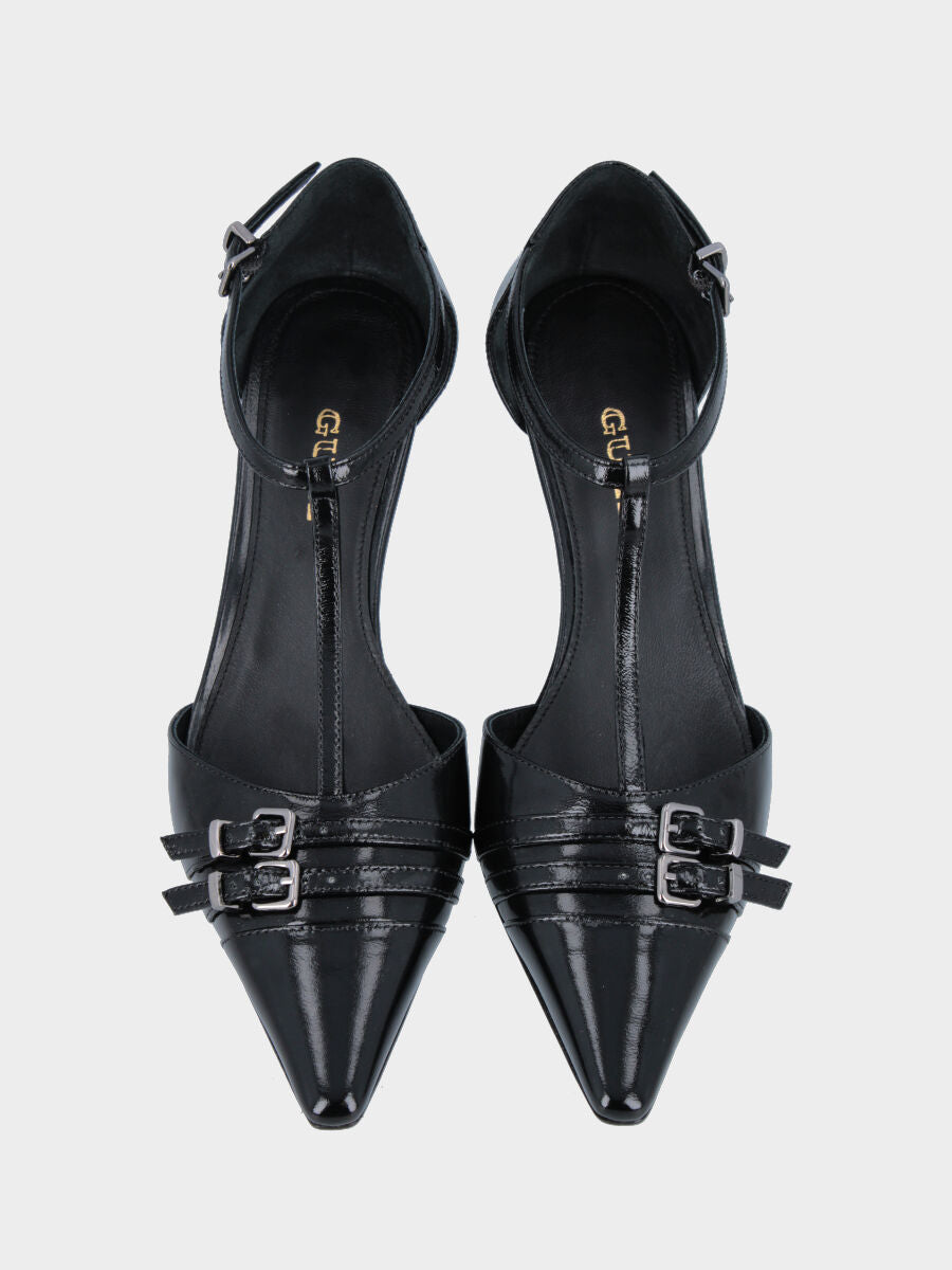 Décolleté T-bar in verlux nero con cinturini e tacco a calice