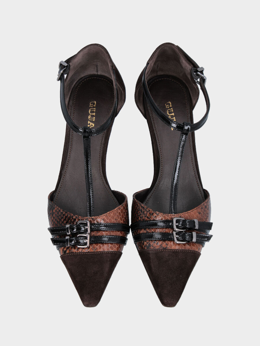 Décolleté T-bar in camoscio testa di moro con cinturini e tacco a calice