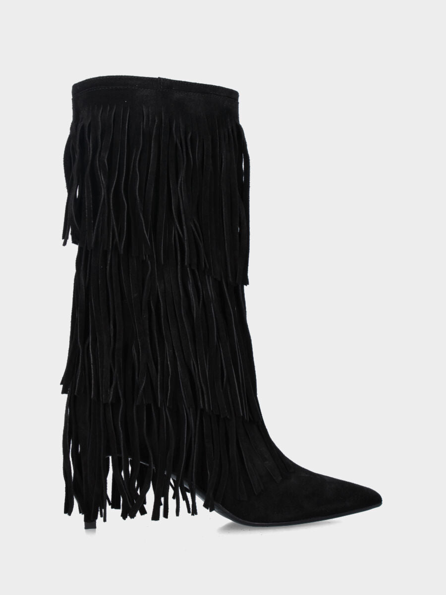 Stivale in velour nero con frange e tacco stiletto