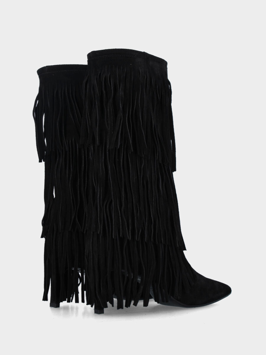 Stivale in velour nero con frange e tacco stiletto