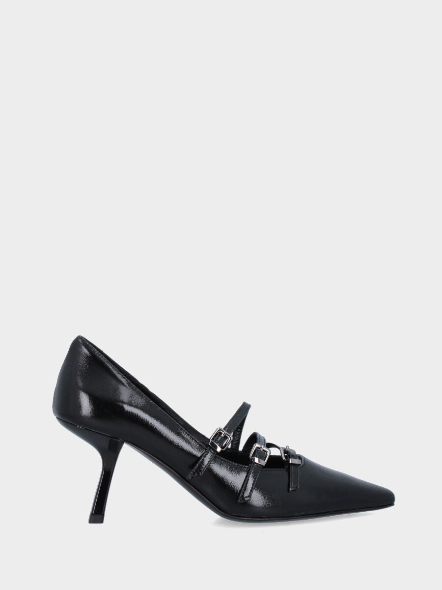 Décolleté in verlux nero con tre cinturini e tacco a calice