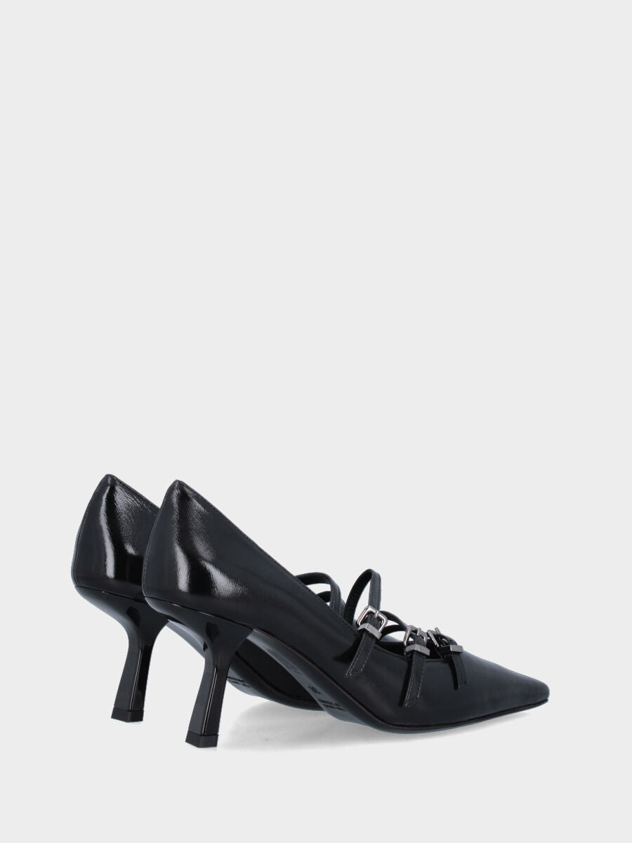 Décolleté in verlux nero con tre cinturini e tacco a calice