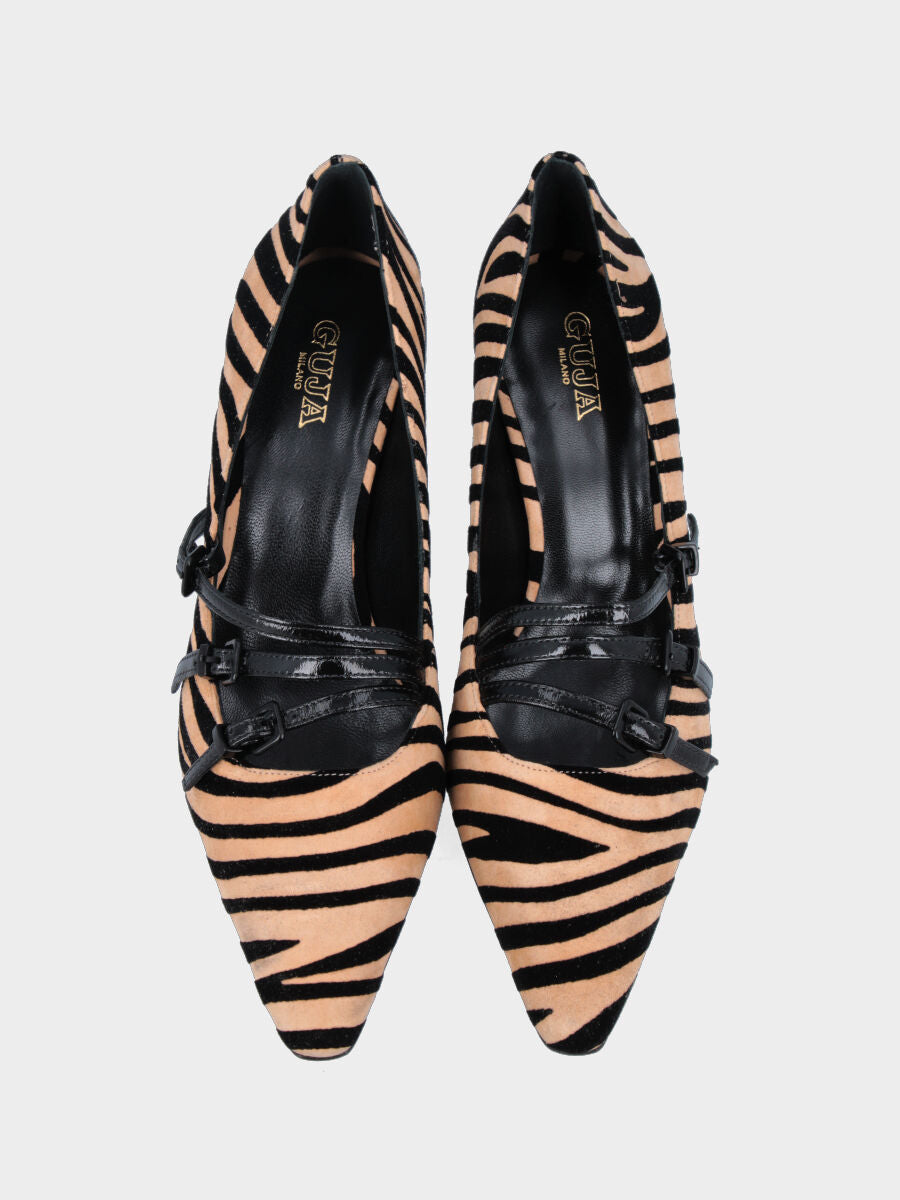 Décolleté in camoscio zebrato con tre cinturini e tacco a calice