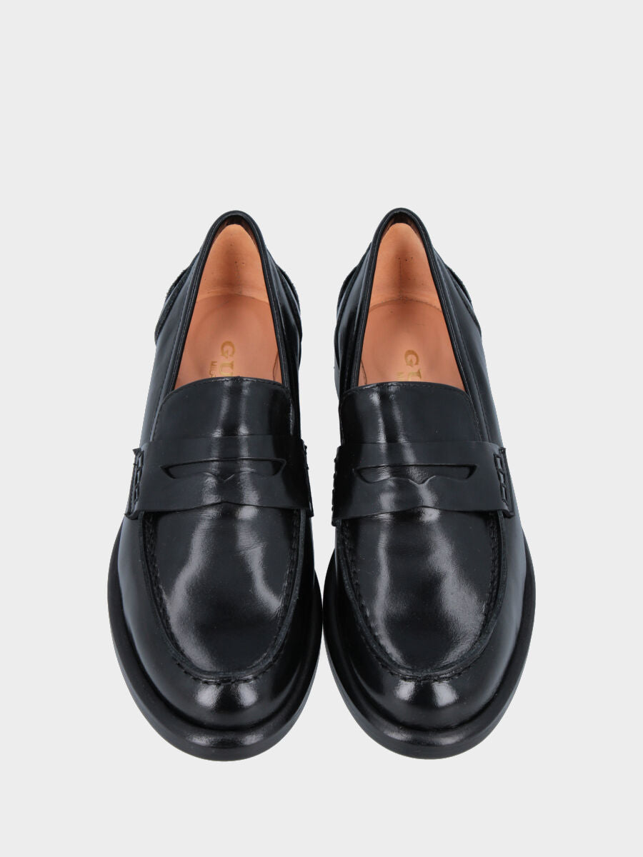 Mocassino college in vitello nero con mascherina a bocca di leone