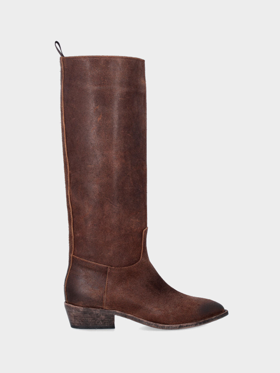 Camperos a stivale in vitello testa di moro con tacco largo fasciato cuoio