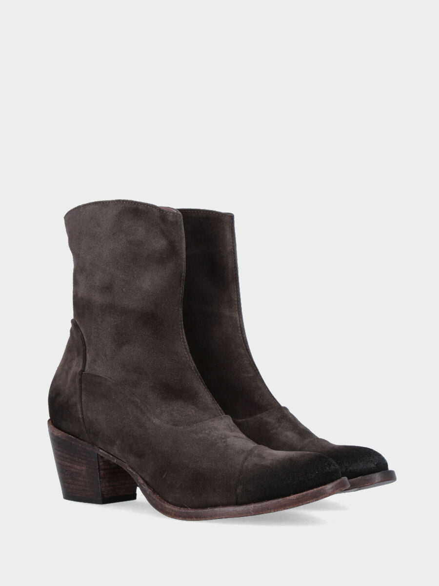 Stivaletto in velour testa di moro con cuciture rivoltate e tacco fasciato cuoio