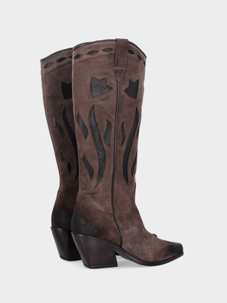 Camperos a stivale in velour testa di moro con gambale fiammato medio