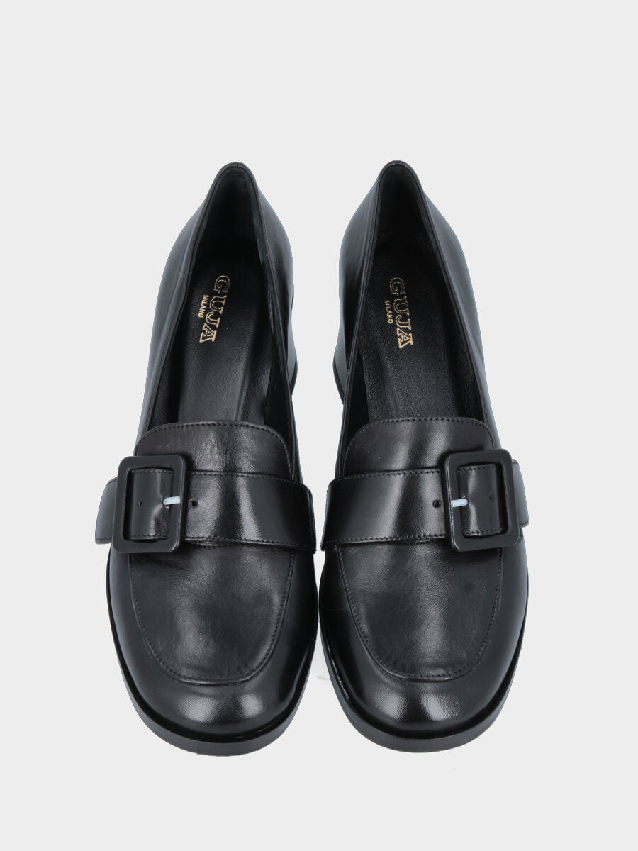 Mocassino in vitello nero con cinturino e tacco a blocco 50mm