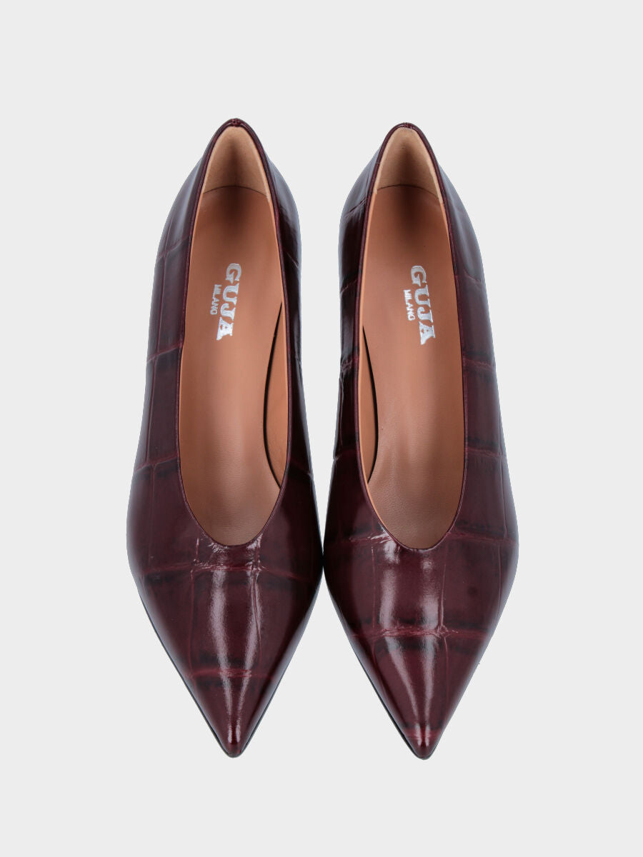 Décolleté in vitello bordeaux stampato coccodrillo con scollo a uovo