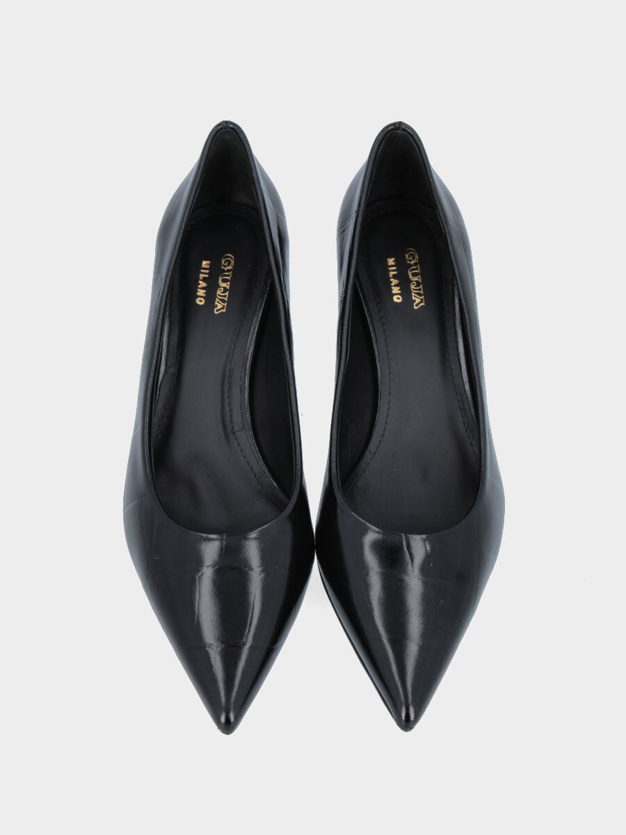 Décolleté in vitello nero effetto coccodrillo con tacco a rocchetto