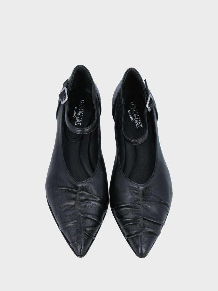 Ballerina Mary Jane in nappa nera con punta sfilata arricciata