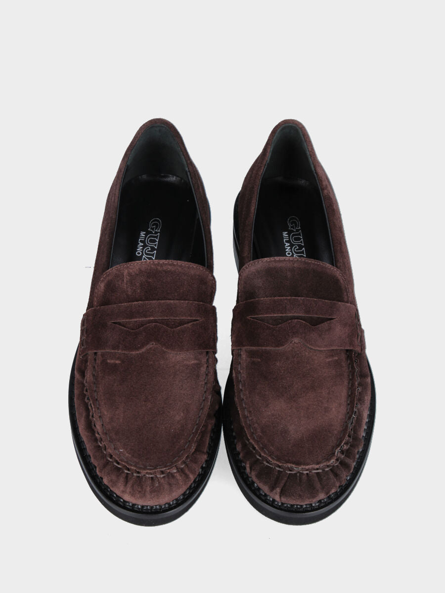 Mocassino in velour testa di moro con arricciature e mascherina a bocca di leone