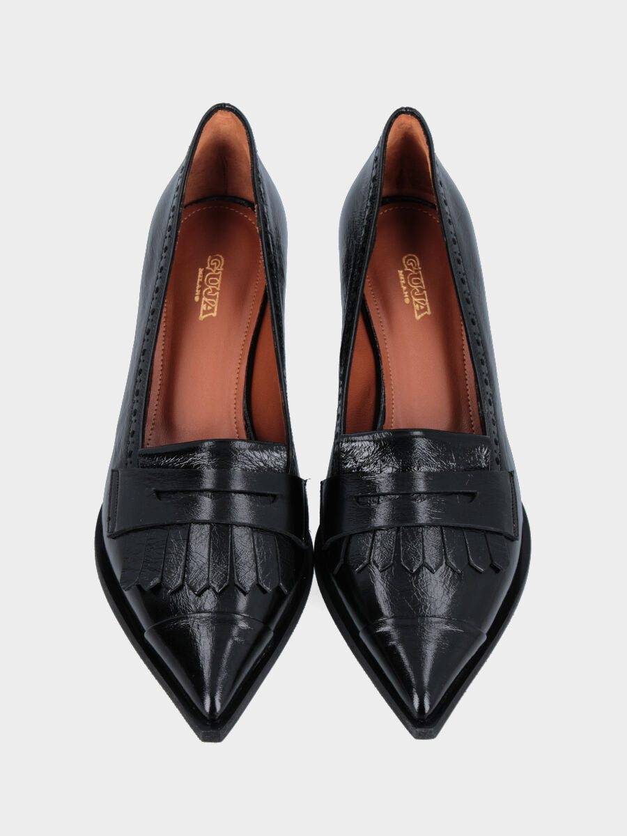 Mocassino in naplak nero con frangia, mascherina e tacco a blocco