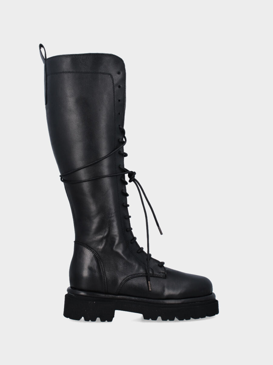 Stivale biker in vitello nero con allacciatura frontale e carrarmato