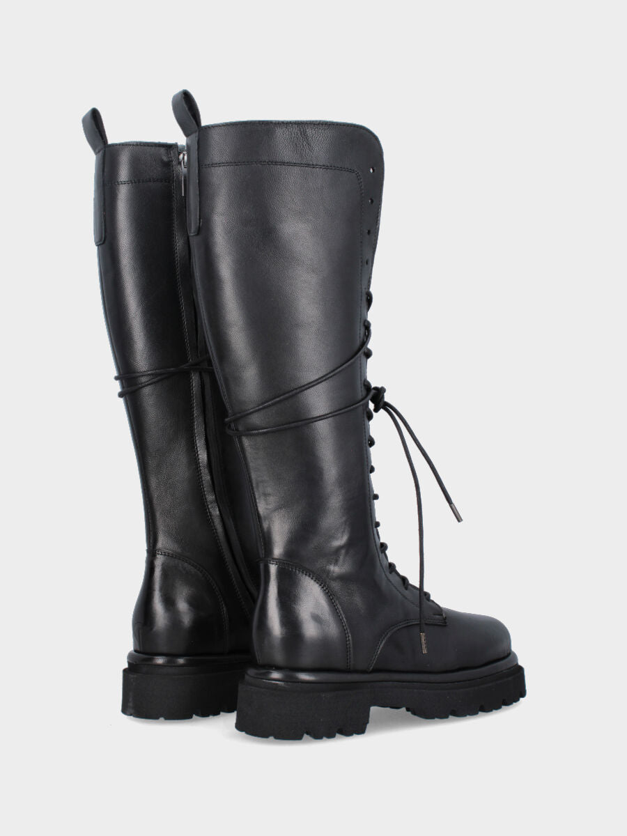 Stivale biker in vitello nero con allacciatura frontale e carrarmato