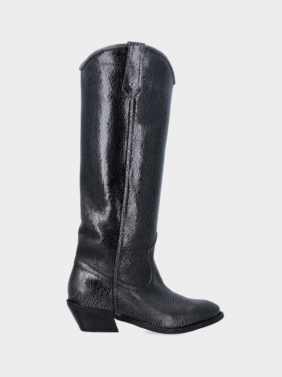 Stivale camperos in vitello nero con tiranti laterali