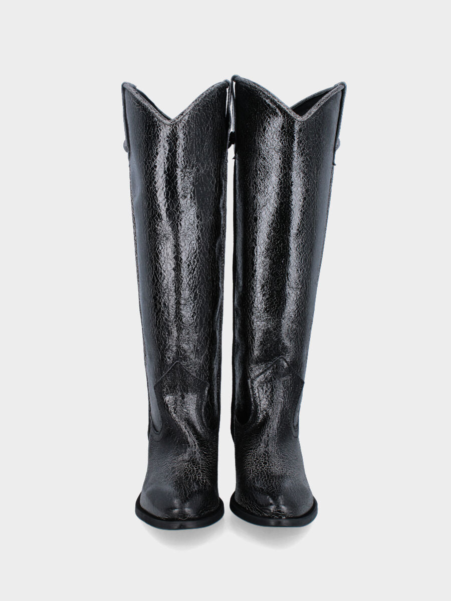 Stivale camperos in vitello nero con tiranti laterali