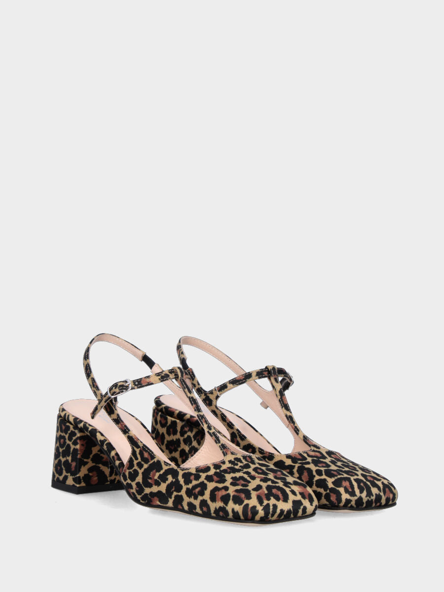 Slingback in tessuto leopardato con cinturino a T e tacco a blocco