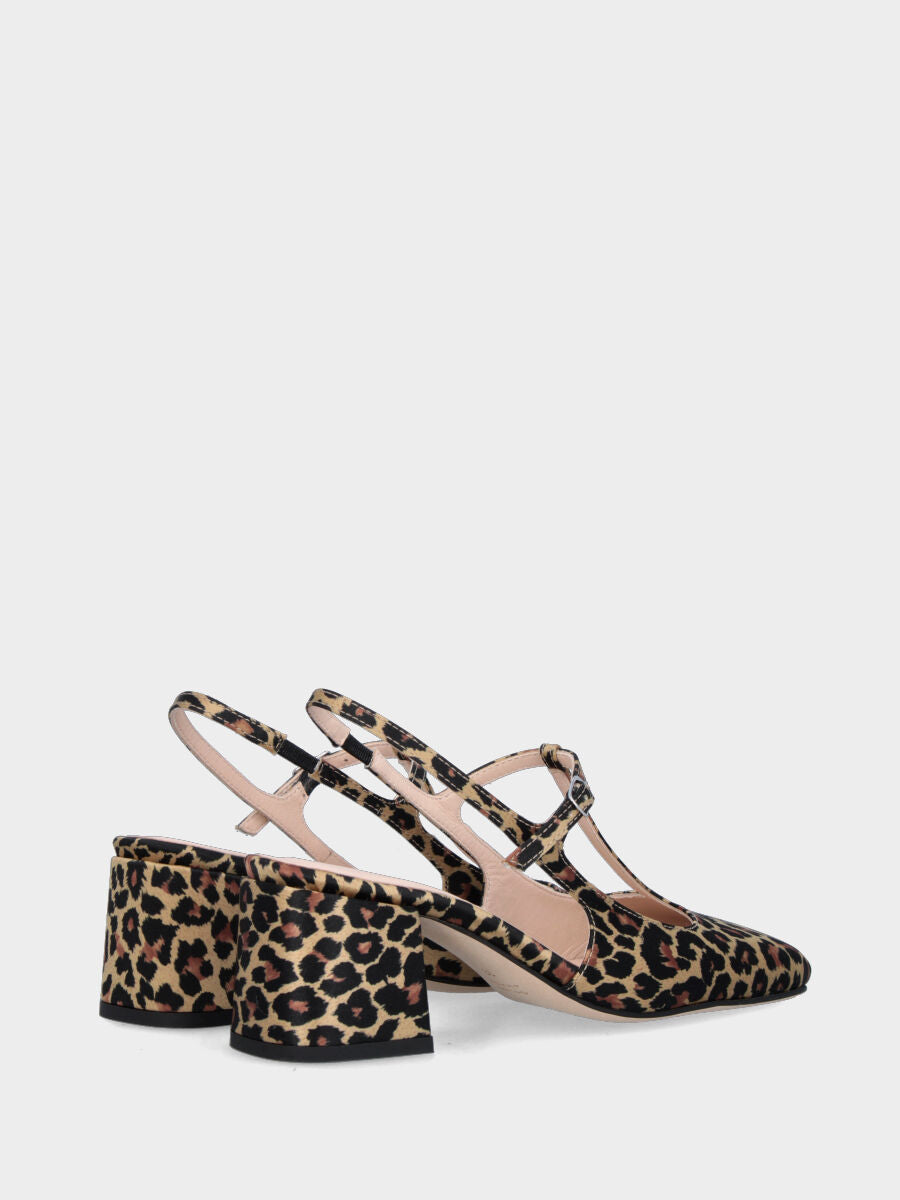 Slingback in tessuto leopardato con cinturino a T e tacco a blocco