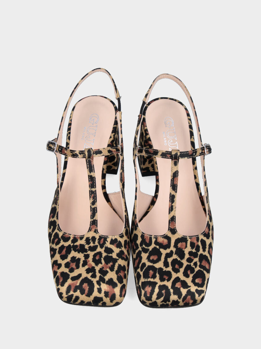 Slingback in tessuto leopardato con cinturino a T e tacco a blocco