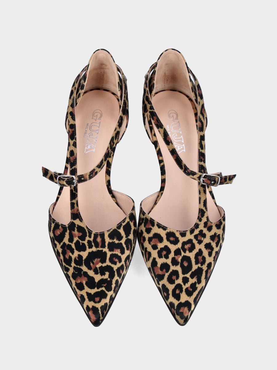 Décolleté in tessuto leopardato con cinturini asimmetrici