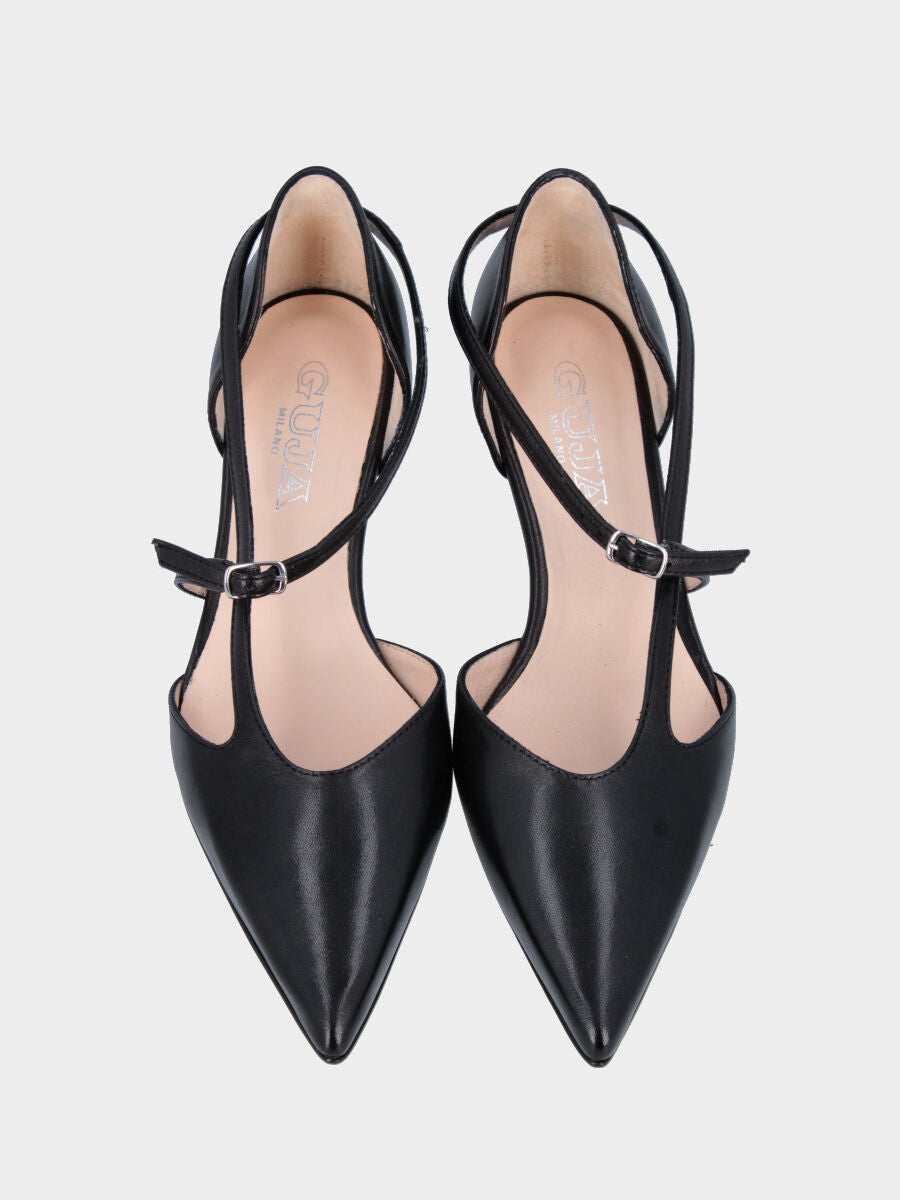 Décolleté in nappa nera con cinturini asimmetrici