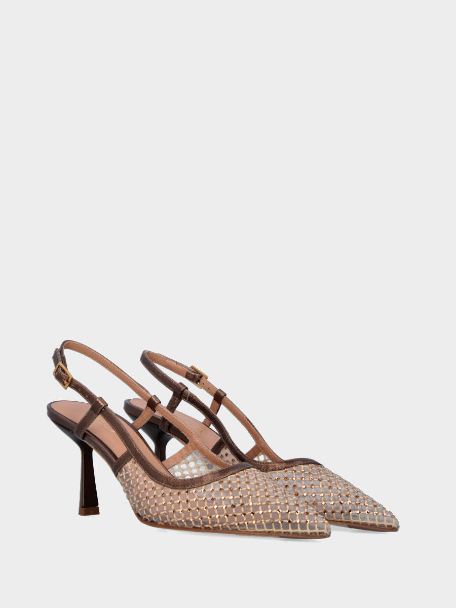 Slingback in retina nude e cristalli con tacco a calice