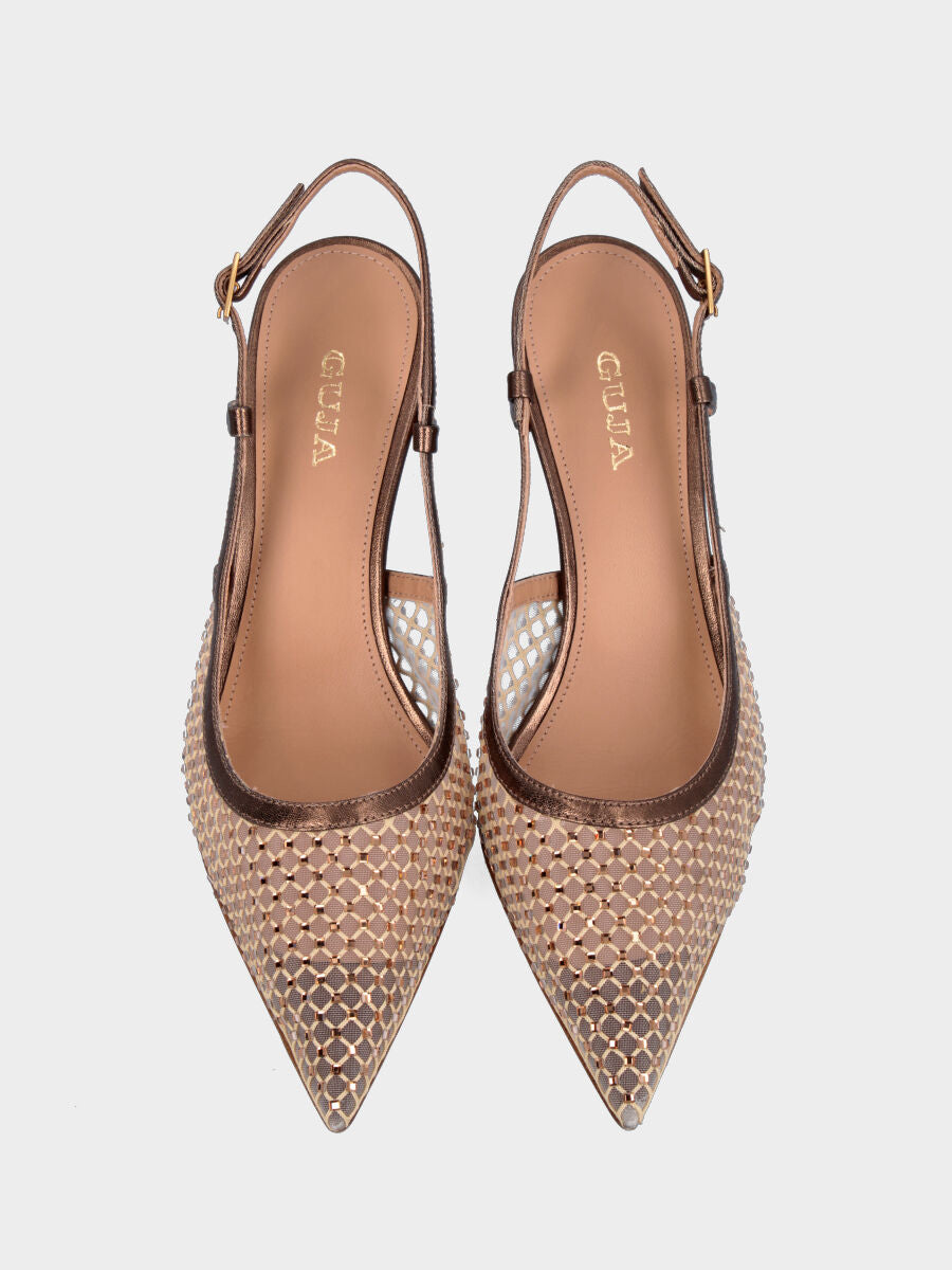 Slingback in retina nude e cristalli con tacco a calice