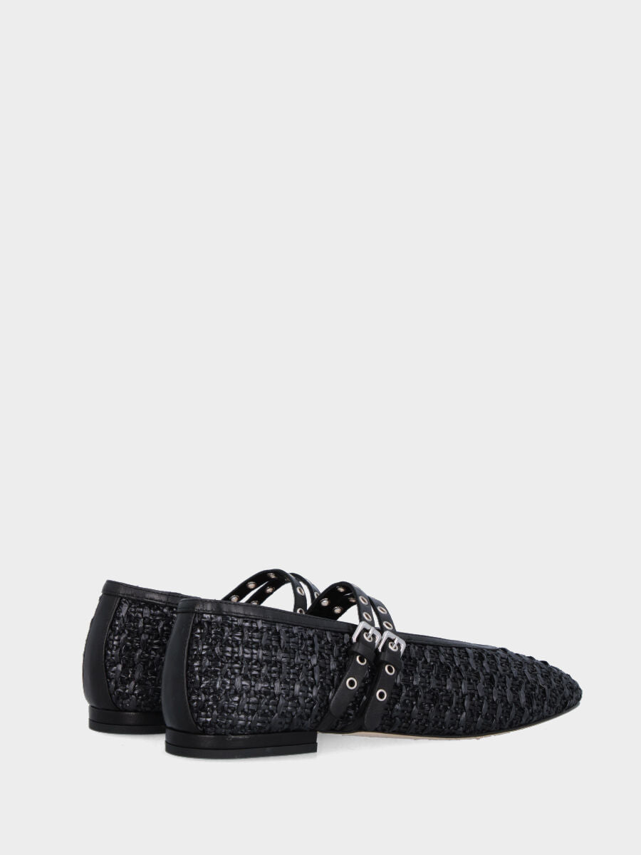 Ballerina Mary Jane in rafia nera con doppi cinturini borchiati
