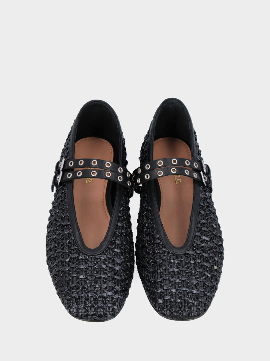 Ballerina Mary Jane in rafia nera con doppi cinturini borchiati