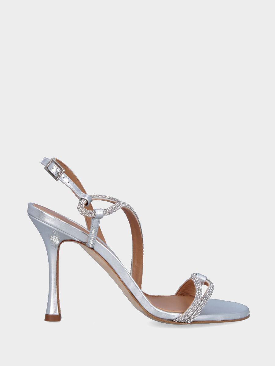 Sandalo in laminato argento con listini tubolari e tacco incavato