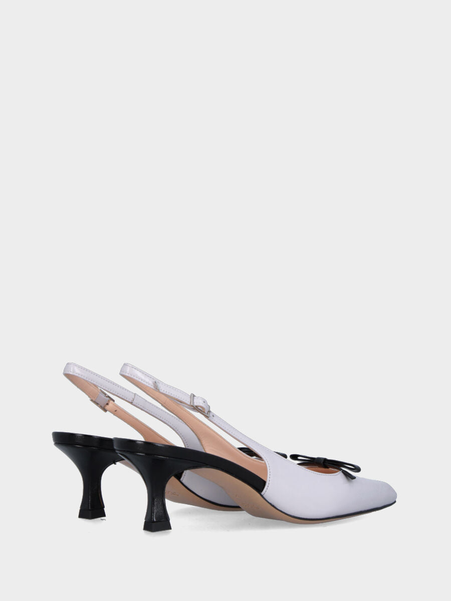 Slingback in verlux bianco con tacco e fiocchetto a contrasto