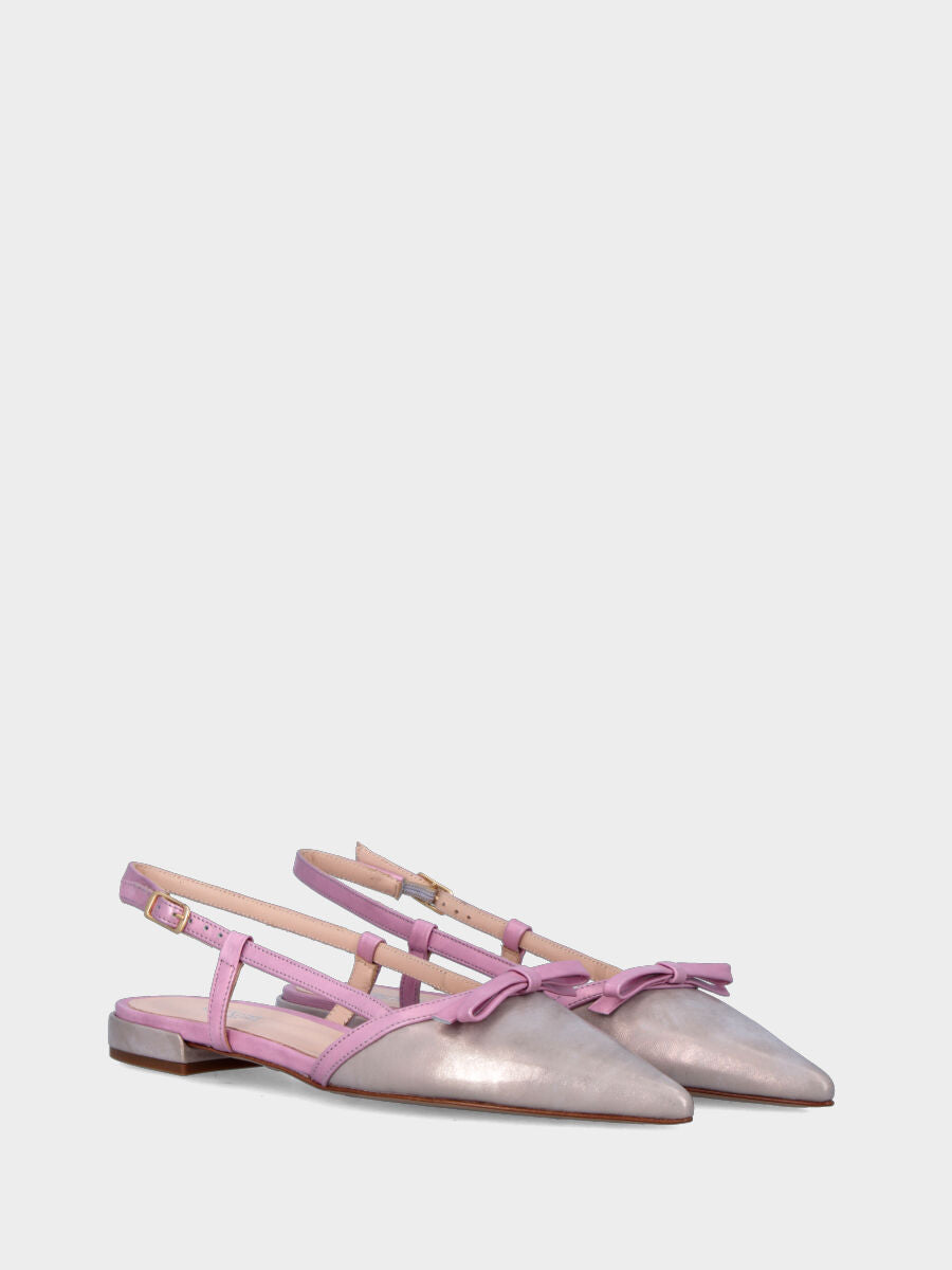 Slingback in laminato bicolore bronzo e rosa con fiocchetto