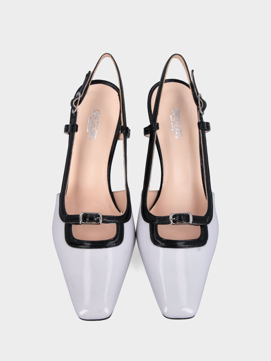 Slingback in verlux bicolore bianco e nero con cinturino regolabile