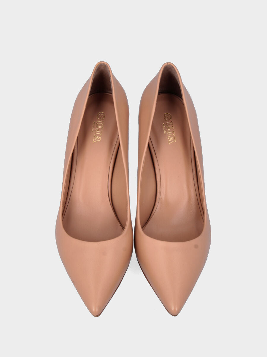 Décolleté in nappa nude con tacco a goccia e scollo tondo cucito