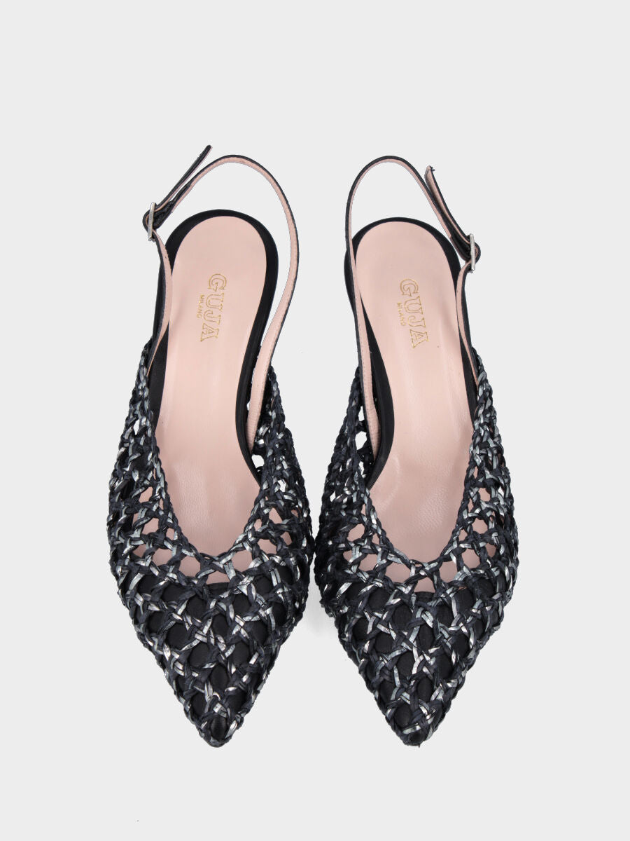 Slingback in rafia nera intrecciata e traforata con tacco a calice