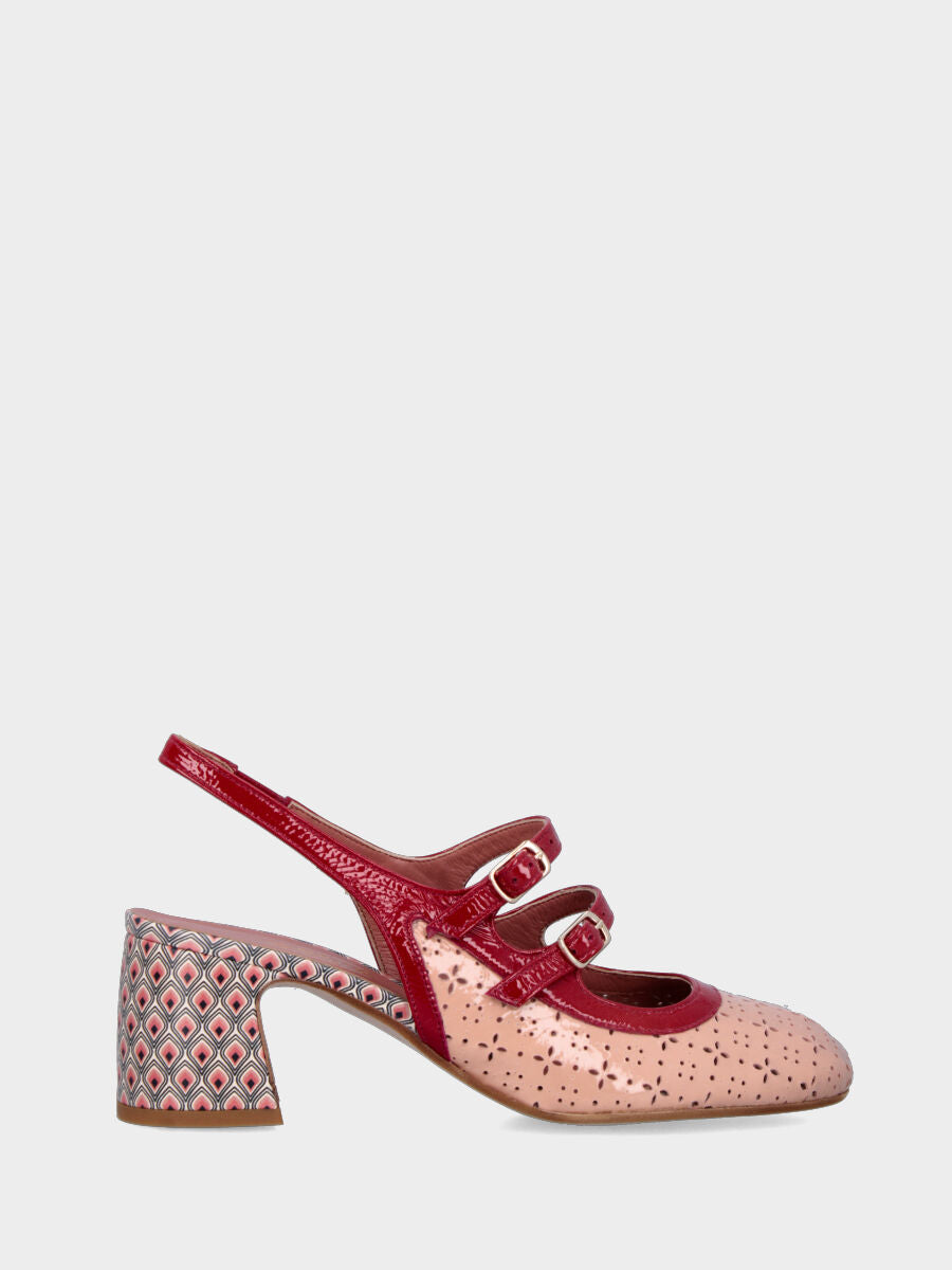 Slingback en naplak couleur nude avec brides rouges et bout rond