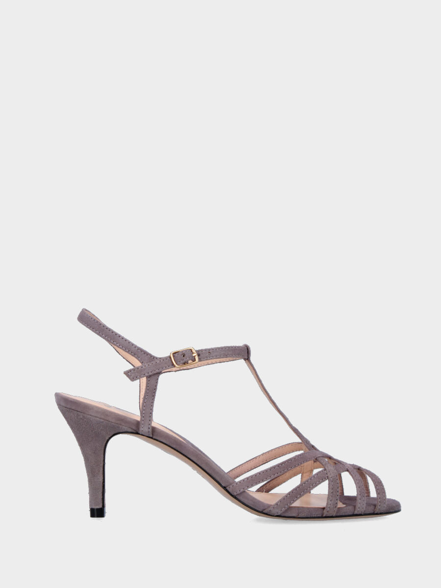 Sandalo in camoscio lavanda con listini incrociati e tacco a blocco