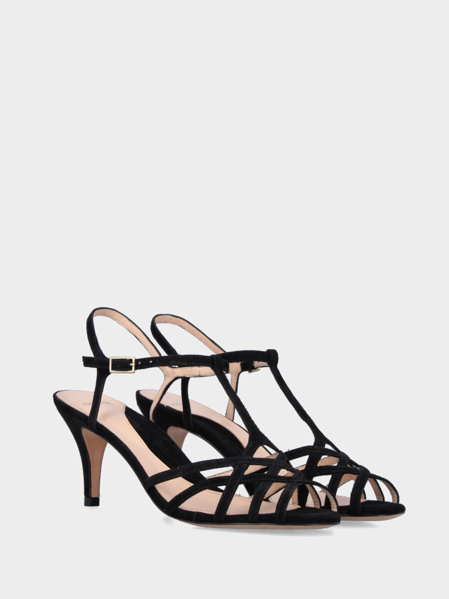 Sandalo in camoscio nero con listini incrociati e tacco a blocco