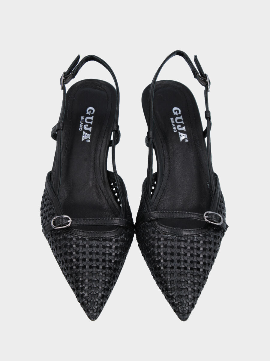 Slingback in rafia nera con cinturino e tacco a coda