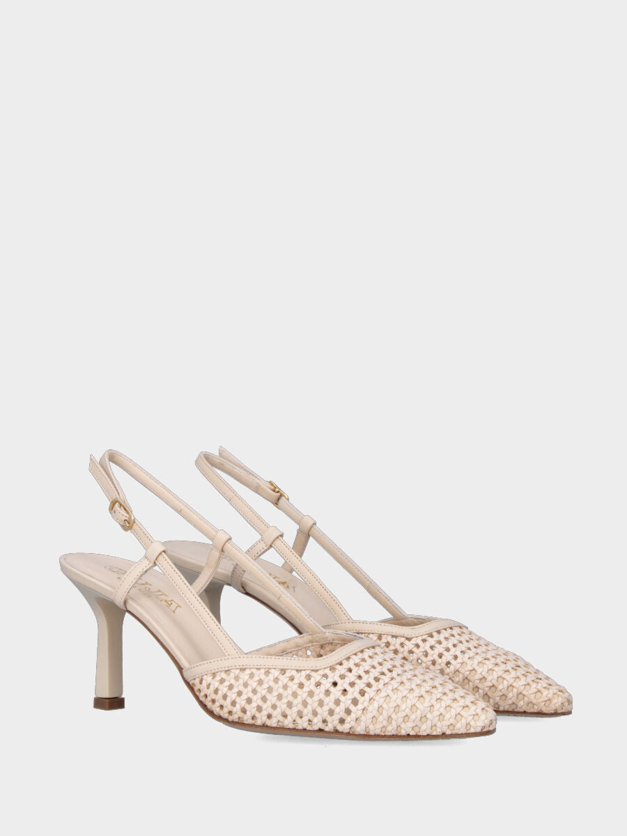 Slingback en nappa beige et raphia tressé avec talon calice