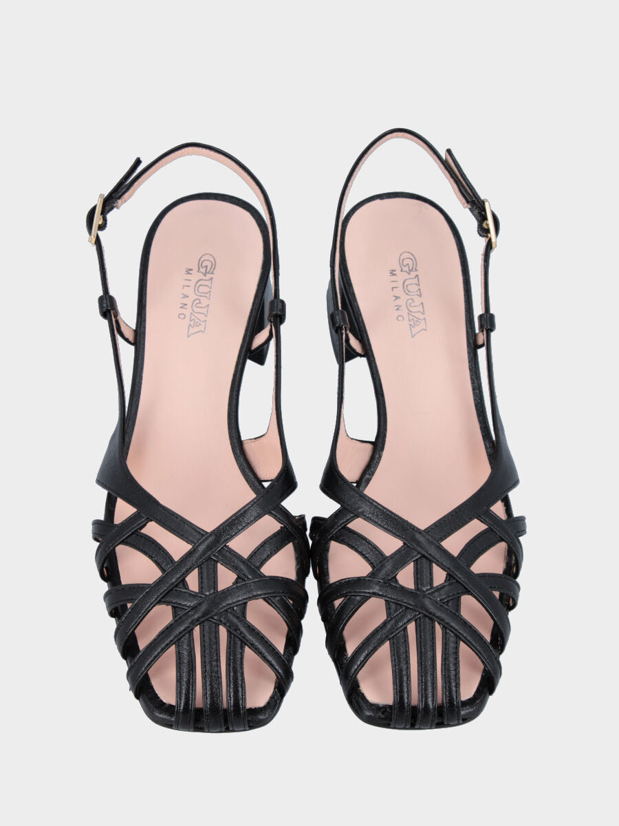 Sandalo in vitello nero con listini incrociati e tacco a blocco