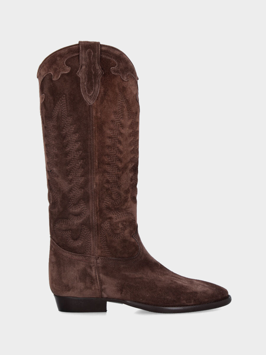 Camperos in velour testa di moro con ricami fiammati e gambale a tubo