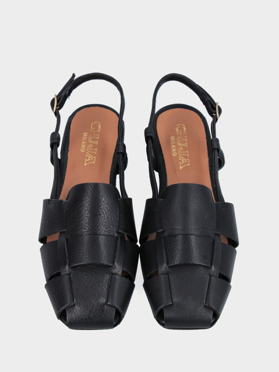 Sandalo slingback in vitello nero con fasce intrecciate