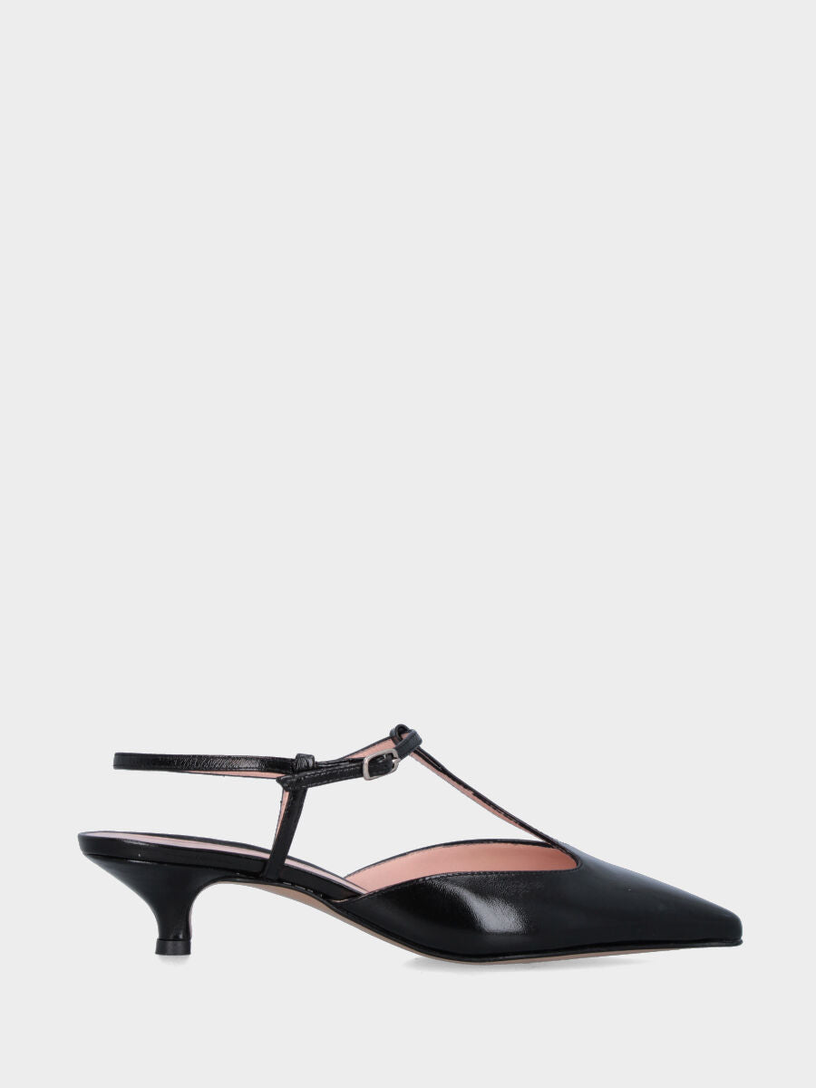 Slingback in verlux nero con cinturini charleston e tacco a calice