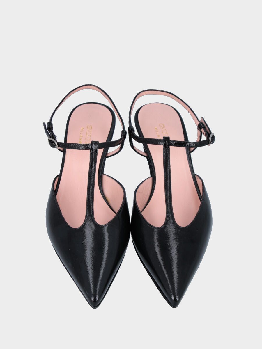 Slingback in verlux nero con cinturini charleston e tacco a calice