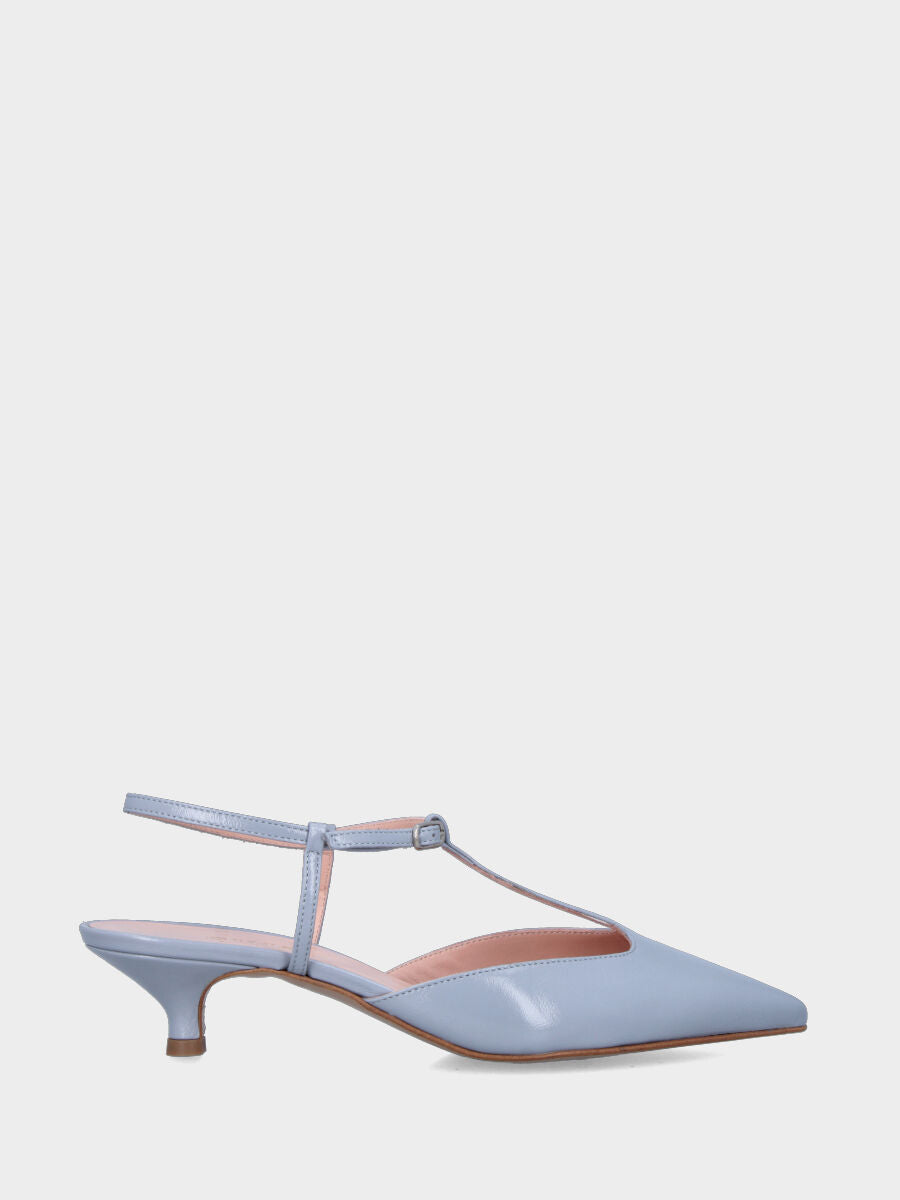 Slingback in verlux celeste con cinturini charleston e tacco a calice