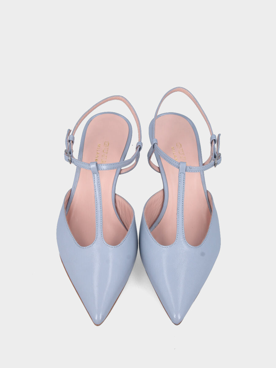Slingback in verlux celeste con cinturini charleston e tacco a calice