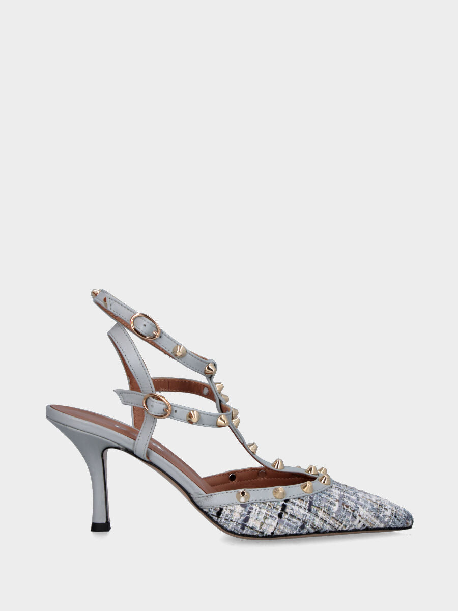 Slingback multicolor nei toni del grigio con borchie e tacco a calice